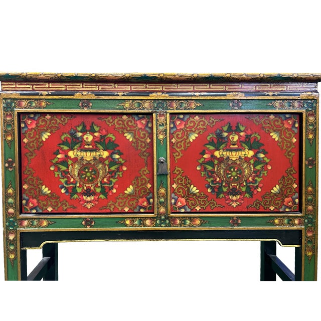 Asian Tibetan Style Floral Graphic Red Green Yellow Console Credenza Table For Sale - Image 11 of 11