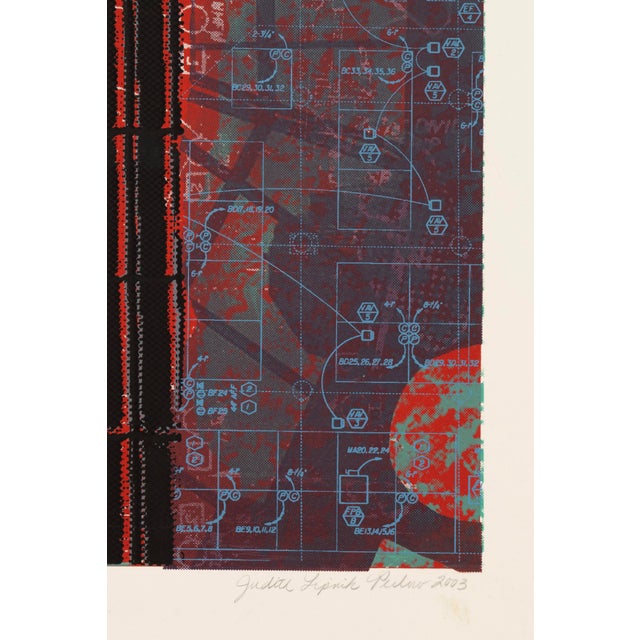 A color serigraph depicting a classical column rendered in black tones against a layered blue and red ground with...