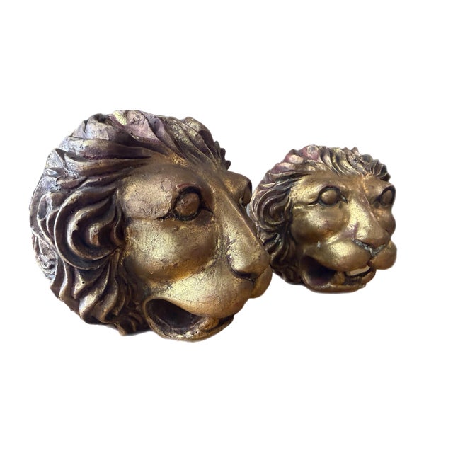 Pair of Vintage Gilt Lion Head Sculptures, Italian Neoclassical Style For Sale - Image 9 of 13