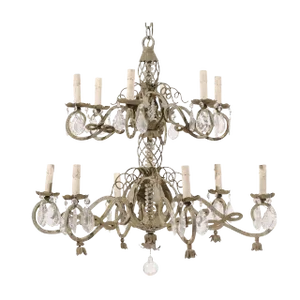 French Two-Tiered Twelve-Light Metal and Crystal Chandelier in Grey Green Color