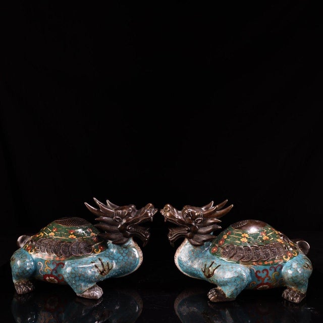Asian Pair of Antique Cloisonné Dragon-Turtle Figurines, 6000g Total, Enamel For Sale - Image 3 of 10