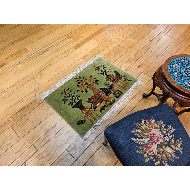 Pair of Vintage Chinese Art Deco Pictorial Rugs, Silk & Wool, Vase Motif, 2' x 3' For Sale - Image 11 of 12