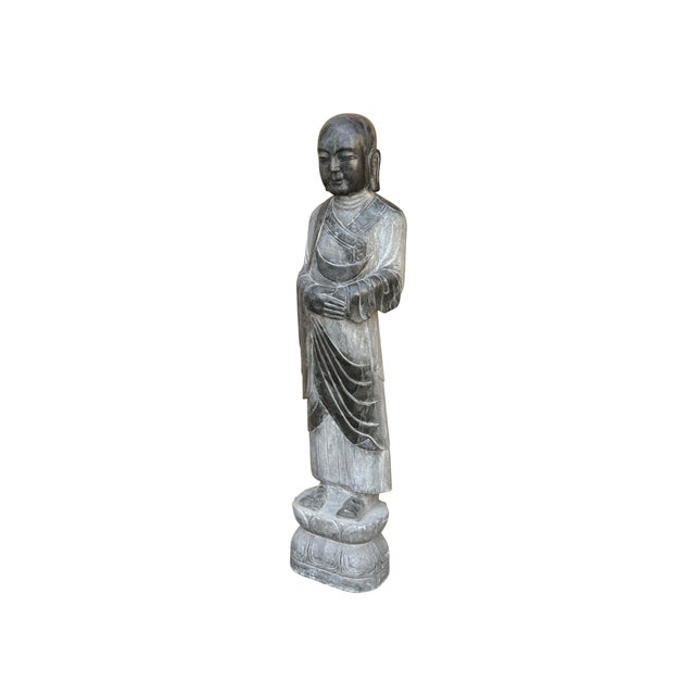 Chinese Weathered Black Gray Patina Stone Standing Monk Luohan Arhat Statue For Sale - Image 4 of 12
