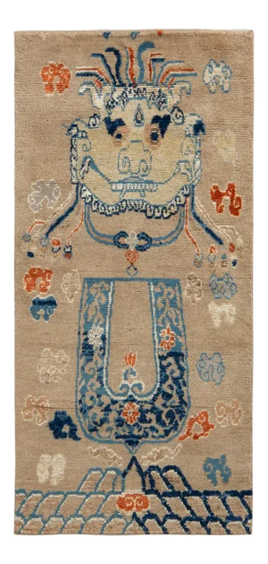 Handknotted Orange, Blue, and Taupe Tiger Rug, 3'x6'