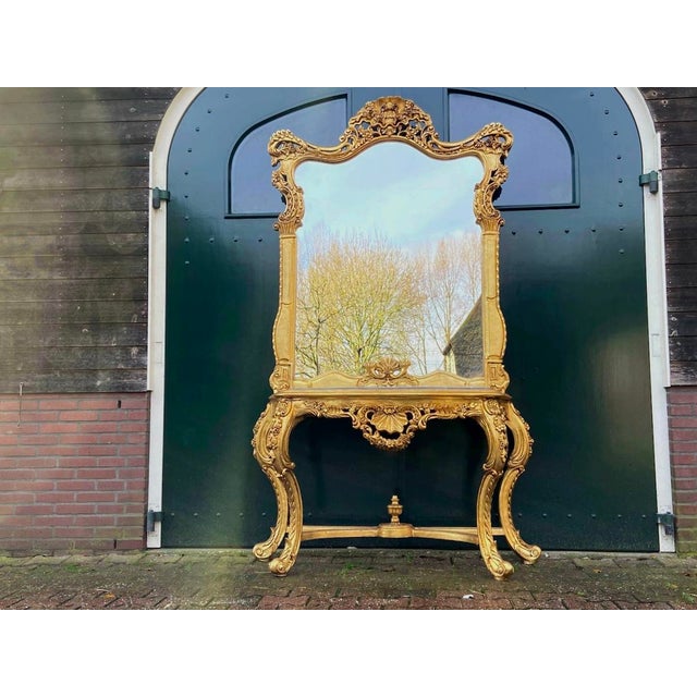 1940s 1940s French Louis XVI Baroque Rococo Console Table & Mirror Set – Hand-Carved Beechwood With Marble Top For Sale - Image 5 of 12