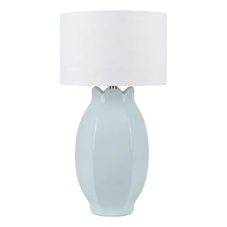 Matthew Izzo Home Mae Powder Blue Ceramic Table Lamp With White Linen Drum Shade For Sale