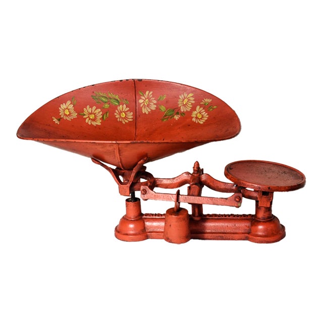 Antique Fairbanks Cast Iron Balance Scale With Hand-Painted Floral Pan For Sale