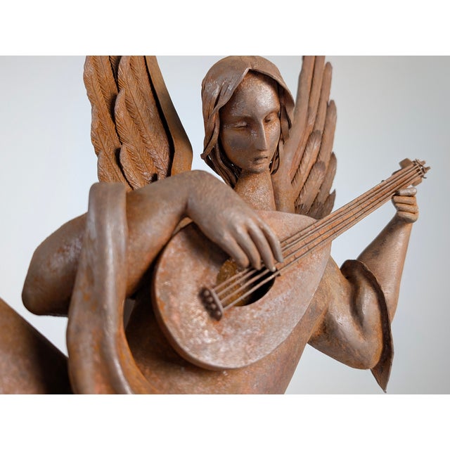 Spanish Renaissance Revival Forged Iron Angel Sculpture Playing Lute, 1920s For Sale - Image 11 of 18