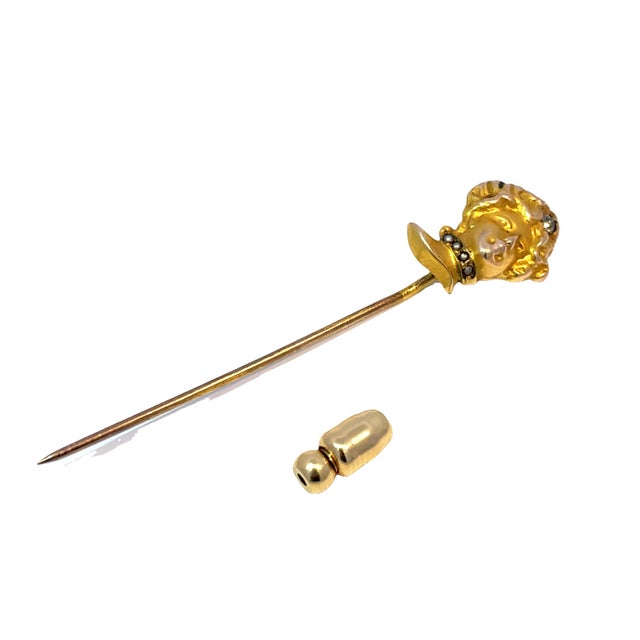Modern Mid 20th Century Solid Yellow Gold Lady Face Stickpin With Seed Pearls & Diamond Accent For Sale - Image 3 of 3