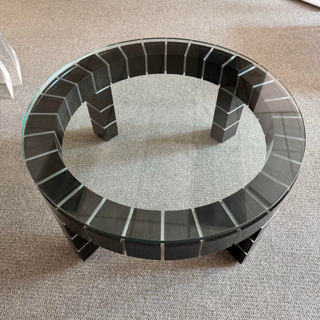 Wood Vintage Postmodern Dark Wood Block and Glass Circular Coffee Table For Sale - Image 7 of 12