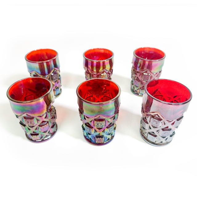 Exceptional set of six vintage Westmoreland Glass Company ruby carnival glass tumblers featuring the sought-after “Old...