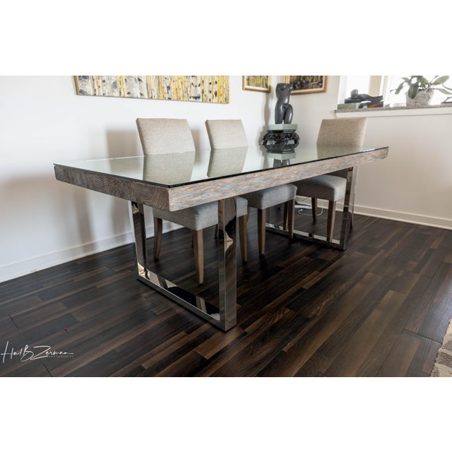Bernhardt Furniture Co/Item#336-221 Excellent condition, impressive 84x40x31x3" distressed wood , polished stainless...