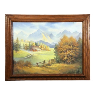 Signed B. Feucht Alpine Mountain Cabin Landscape Painting, Wood Frame For Sale