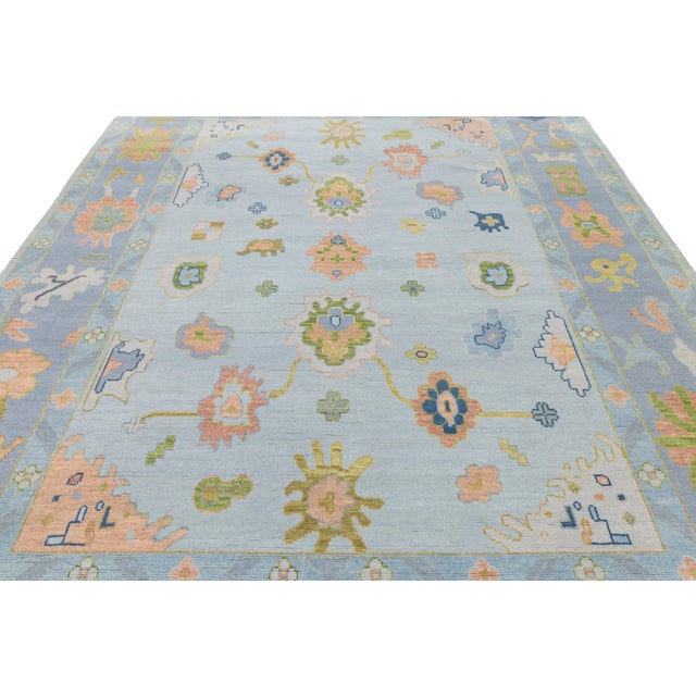 Modern Oushak Style Hand-Knotted Wool Rug in Ice Blue, Blush & Sage For Sale - Image 10 of 12