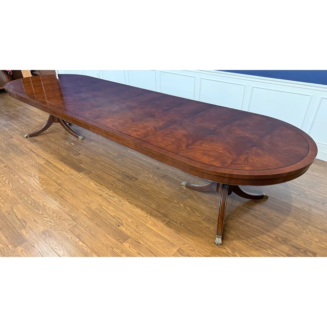 Traditional Oval Banded Mahogany Double Pedestal Dining Table by Leighton Hall -Showroom Sample For Sale - Image 9 of 18