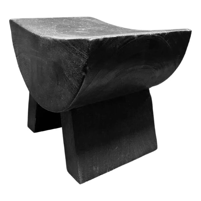 Sculptural Stool With Curved Seat Suar Wood, Burnt Finish, Modern Organic For Sale
