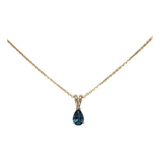 London Blue Topaz Solitaire Pendant in Solid 14k Gold - Pear, 6x4mm For Sale