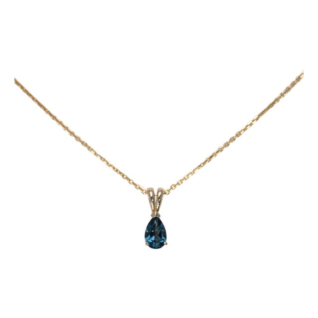 London Blue Topaz Solitaire Pendant in Solid 14k Gold - Pear, 6x4mm For Sale