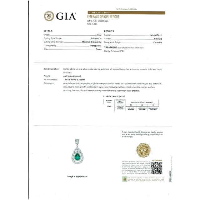 GIA Certified 8Ct Colombian Pear Emerald Diamond Hanging/ Drop Earrings 18K Gold, A Pair For Sale - Image 4 of 18