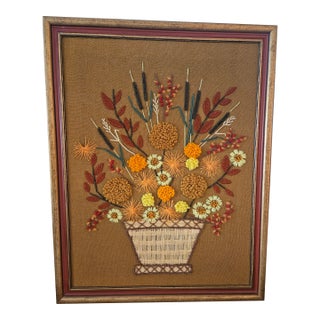 1970s Crewel Embroidery Cattails Daisies Basket Art With Original Frame For Sale