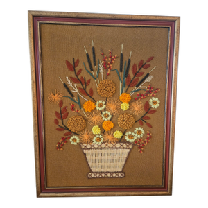 1970s Crewel Embroidery Cattails Daisies Basket Art With Original Frame