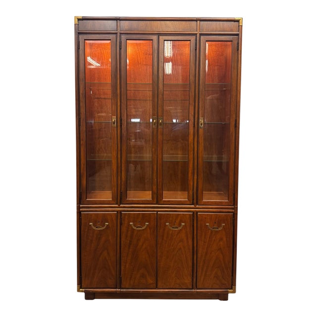 Vintage Drexel Heritage Accolade II Collection Campaign Style Walnut China / Display Cabinet For Sale