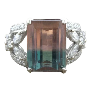 Bi-Color Tourmaline Diamond Platinum Floral Ring, Size 7