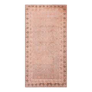 1930s Green Geometric Antique Central Asian Khotan Rug 5'8" X 11' Handknotted Wool Carpet For Sale