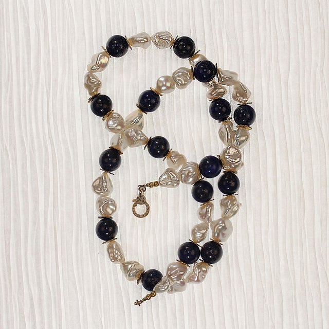Keshi Pearl and Lapis Lazuli Necklace June Birthstone For Sale - Image 12 of 12