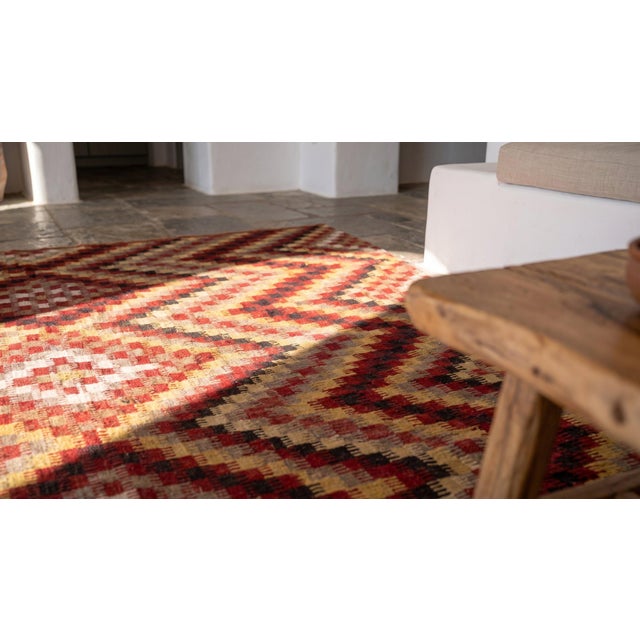 Red Decorative Antique Turkish Kilim Oushak Rug With a Tricolor Tridimensional Zig Zag Ground Color For Sale - Image 8 of 8