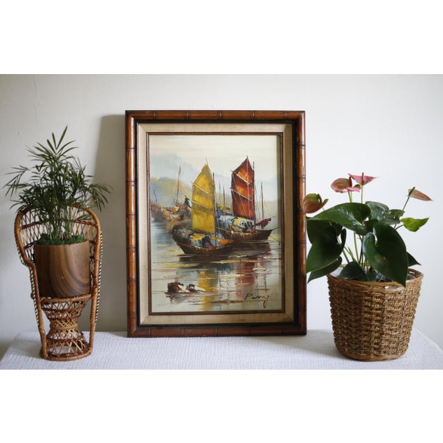 Bring a touch of classic mid-century Chinoiserie style to your walls with this striking, vintage original oil painting on...