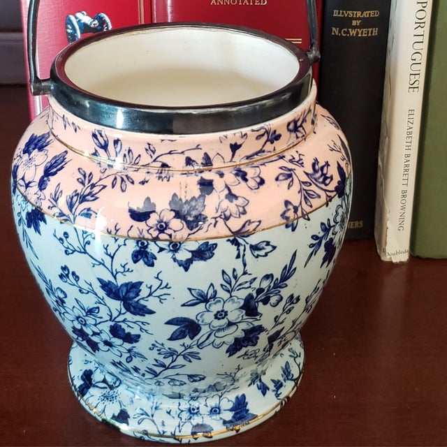 Blue Antique English Staffordshire Style Flow Blue & Blush Biscuit Barrel, C. 1890 For Sale - Image 8 of 11