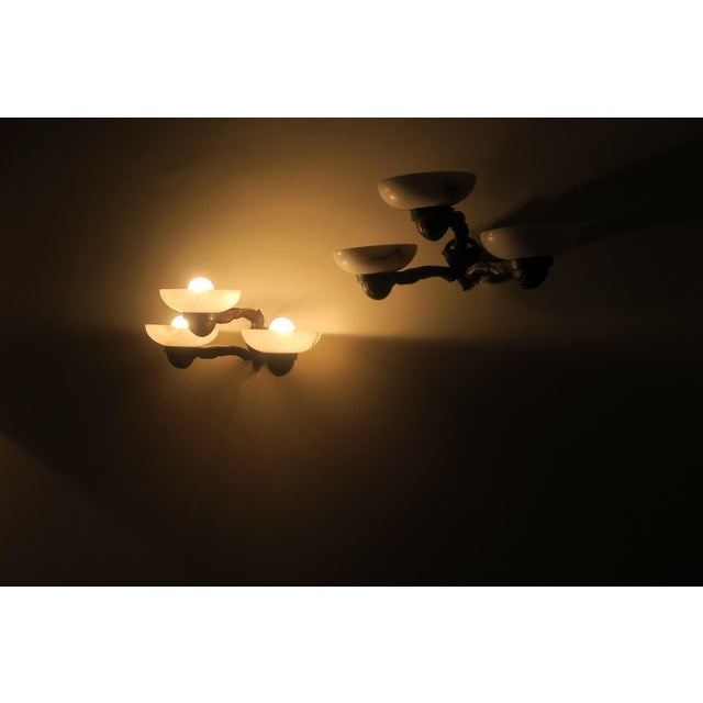 Metal Antique Bronze and Alabaster 3-Arm Wall Lights 1910s, Set of 2 For Sale - Image 7 of 10