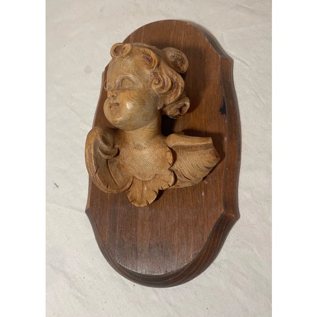 Wood Antique Hand Carved Wood Winged Cherub Sculpture Wall Plaque Figure Bust Art For Sale - Image 7 of 12