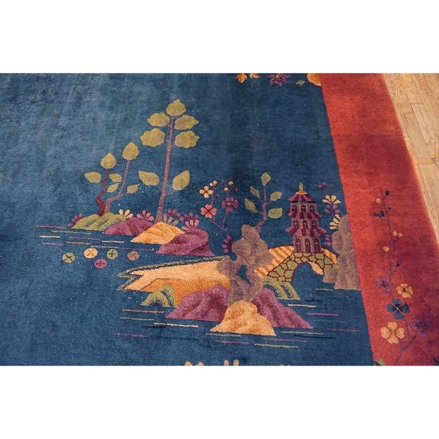Textile Blue Open Field Antique 1920s Walter Nichols Wool Chinese Art Deco Carpet Rug For Sale - Image 7 of 10
