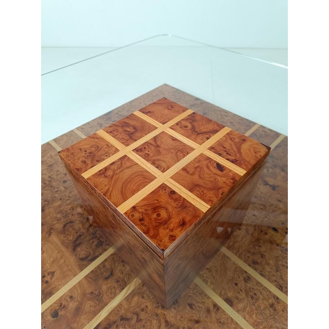 Milo Baughman Italian Square Coffee Table Inlaid with Elm Burl and Oak Burl with Glass, 1970s For Sale - Image 4 of 18