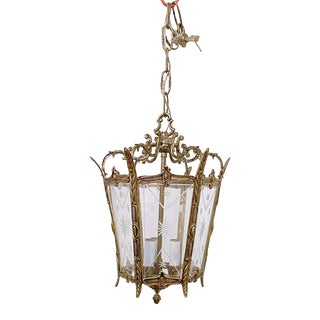 Vintage Early 20th Century Bronze Lantern With Etched Glass Panels For Sale
