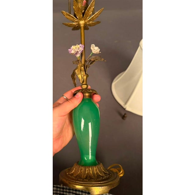 French French Bronze & Green Glass Table Lamp With Porcelain Flowers and Silk Shade, Circa 1920 For Sale - Image 3 of 11