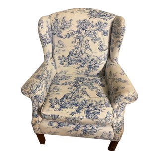 1980s Traditional Blue & White Toile Wingback Accent Chair For Sale