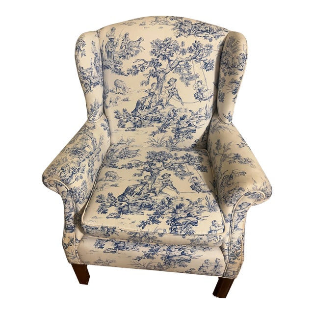 1980s Traditional Blue & White Toile Wingback Accent Chair For Sale