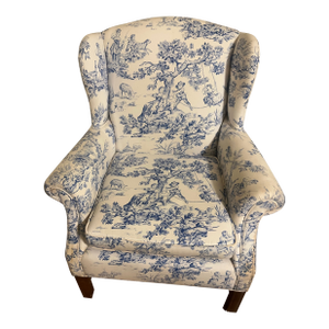 1980s Traditional Blue & White Toile Wingback Accent Chair