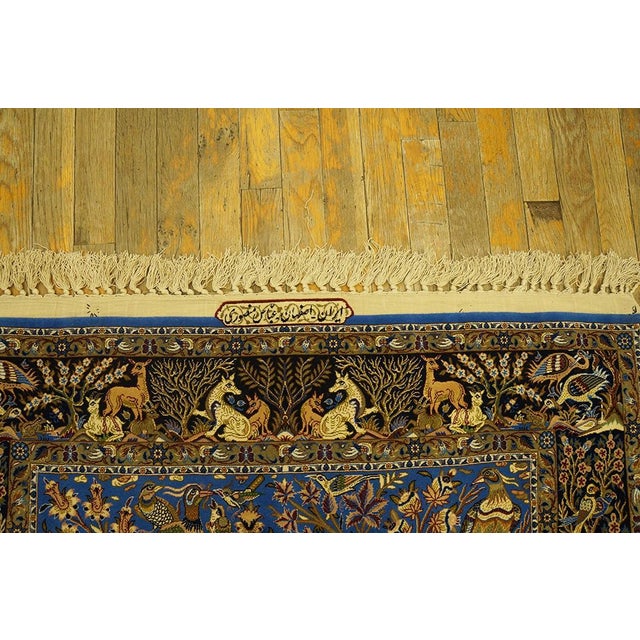 Textile 1940s Blue Animalia Antique Persian Isfahan Rug 3' 2" X 5' 6" Silk Wool Handknotted Carpet For Sale - Image 7 of 8