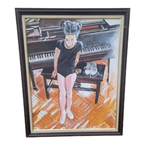 1980's Custom Painted Vintage Framed Oil on Canvas Portrait African American Ballerina Piano Girl Child Wall Art