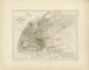 Antique Rain Map of Europe by Johnston, 1850
