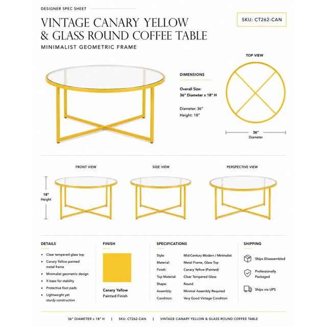 Contemporary Vintage Canary Yellow & Glass Round Coffee Table — Minimalist Geometric Frame For Sale - Image 3 of 3