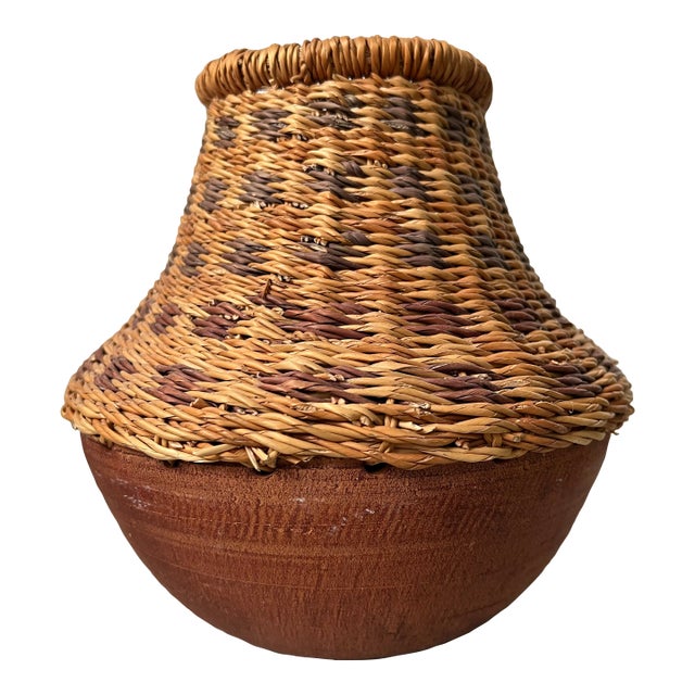 Vintage Handcrafted African Ghanaian Terracotta Pot With Woven Wicker Overlay For Sale