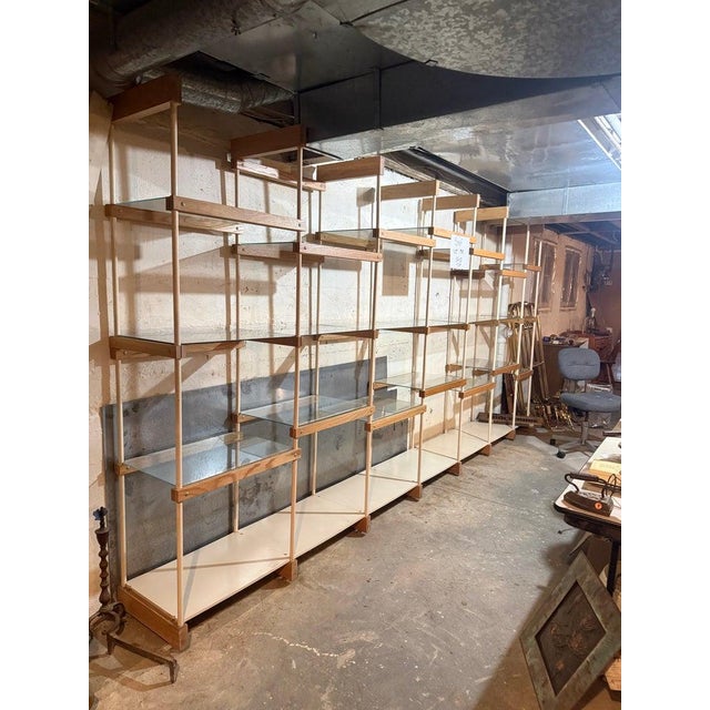 Monumental Vintage Mid-Century Modern 7-Bay Architectural Shelving System – Oak, Steel & Tempered Glass – 13.5 Feet For Sale
