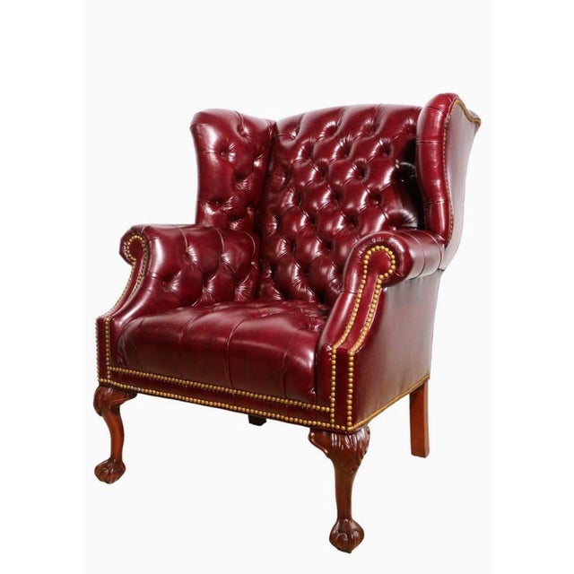 Wood Chesterfield Wingback Leather Chair & Matching Ottoman by Hancock and Moore For Sale - Image 7 of 12