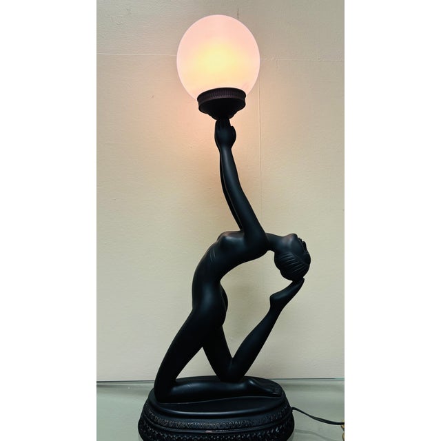 Elegant Art Deco Style Black Women Figural Table Lamp With Frosted Globe Shade Hollywood Regency For Sale - Image 6 of 9