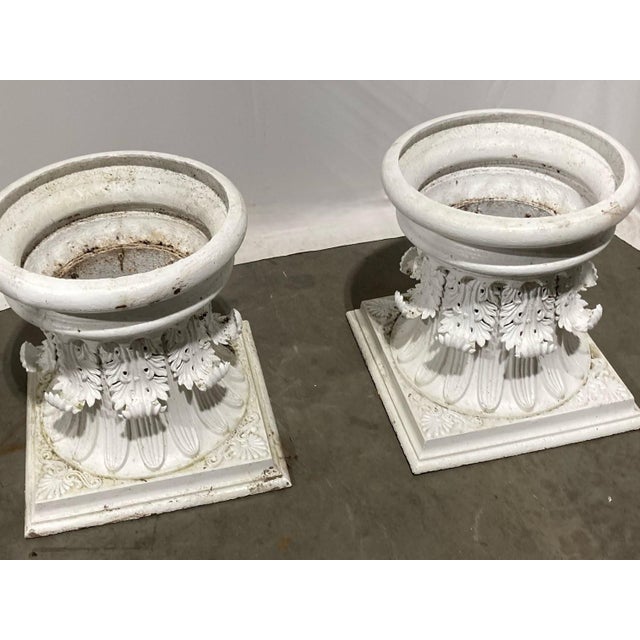 American Pair of White Cast Iron Corinthian Column Planters, 22” Diameter For Sale - Image 3 of 7